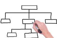 An organisational chart diagram being drawn by a hand holding a black marker pen, showing several blank rectangles connected by lines, representing a hierarchical structure.